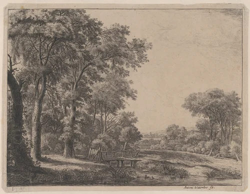 The Entrance to a Forest by a Small Wooden Bridge by Anthonie Waterloo, print, 1620-1690