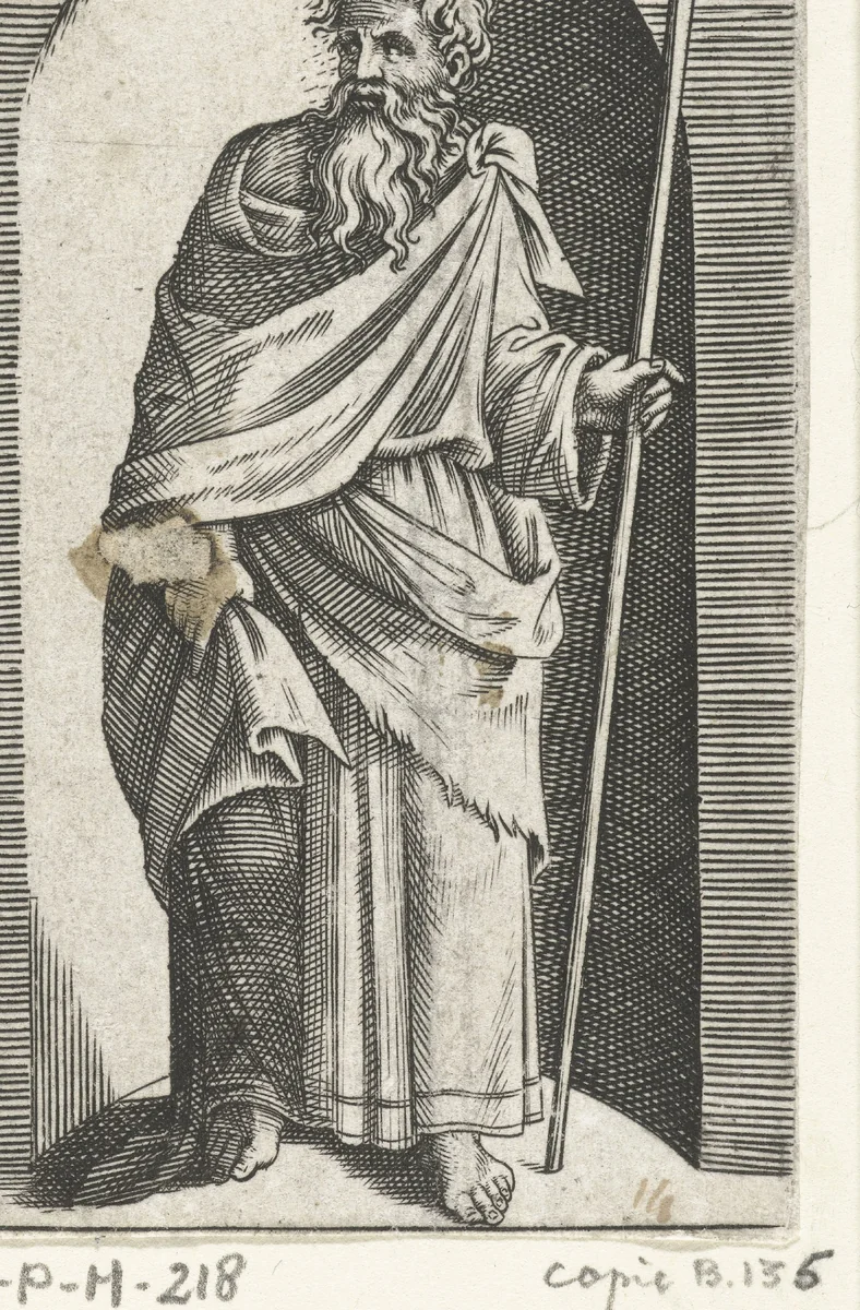 Apostel Mattias met speer staand in nis by anonymous, print, 1517-1577