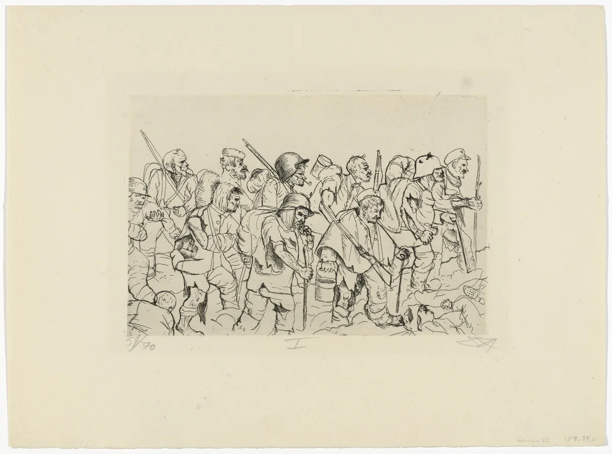 Battle-Weary Troops Retreat (Battle of the Somme) (Abgekämpfte Truppe geht zurück [Sommeschlacht]) from The War (Der Krieg) by Otto Dix, print, 1924