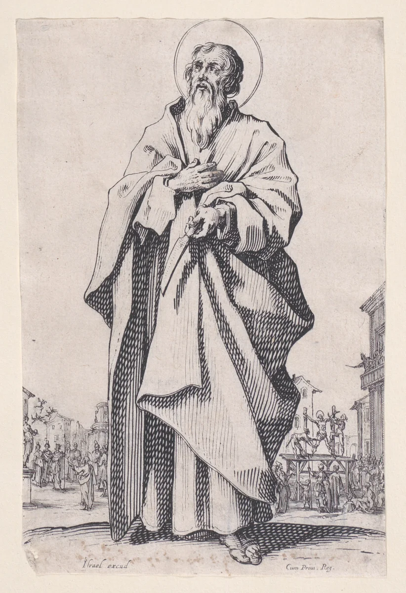 St. Bartholomew, from "Les Grands Apôtres Debout, Représentant Le Sauveur, La Bienheureuse Marie et Les Saints Apôtres" (The Large Standing Apostles, Representing The Savior, The Blessed Mary and The Apostles) by Jacques Callot, print, 1631