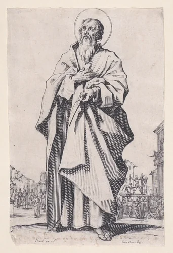 St. Bartholomew, from "Les Grands Apôtres Debout, Représentant Le Sauveur, La Bienheureuse Marie et Les Saints Apôtres" (The Large Standing Apostles, Representing The Savior, The Blessed Mary and The Apostles) by Jacques Callot, print, 1631