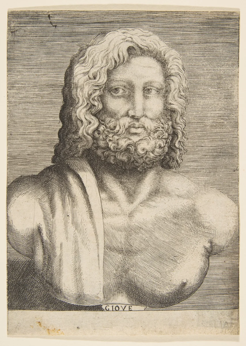 Bust of Jupiter by Giulio Bonasone, print, 1526-1581