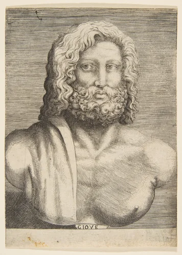 Bust of Jupiter by Giulio Bonasone, print, 1526-1581