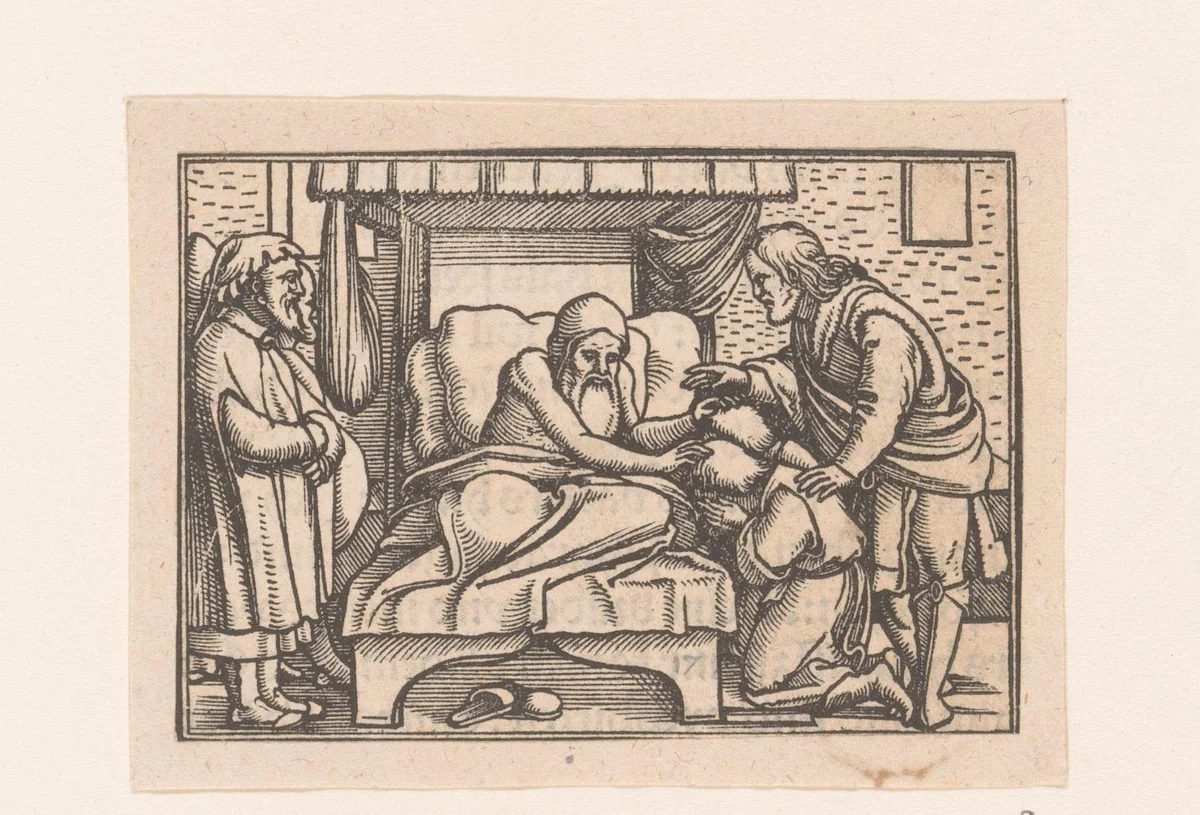Jakob zegent Efraïm en Manasse by anonymous, print, 1552