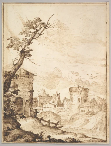 View of a Town with a Tower by Remigio Cantagallina, drawing, 1595-1605