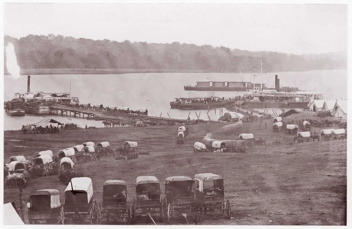 [Upper Wharf with Wagon Park, Belle Plain, Virginia] by James Gardner, photograph, 1864