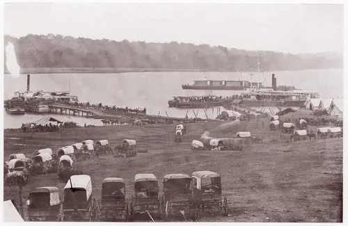 [Upper Wharf with Wagon Park, Belle Plain, Virginia] by James Gardner, photograph, 1864