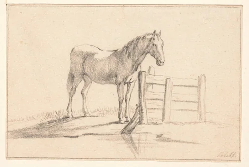 Staand paard bij een hek, naar rechts by Jean Bernard, drawing, 1775-1833
