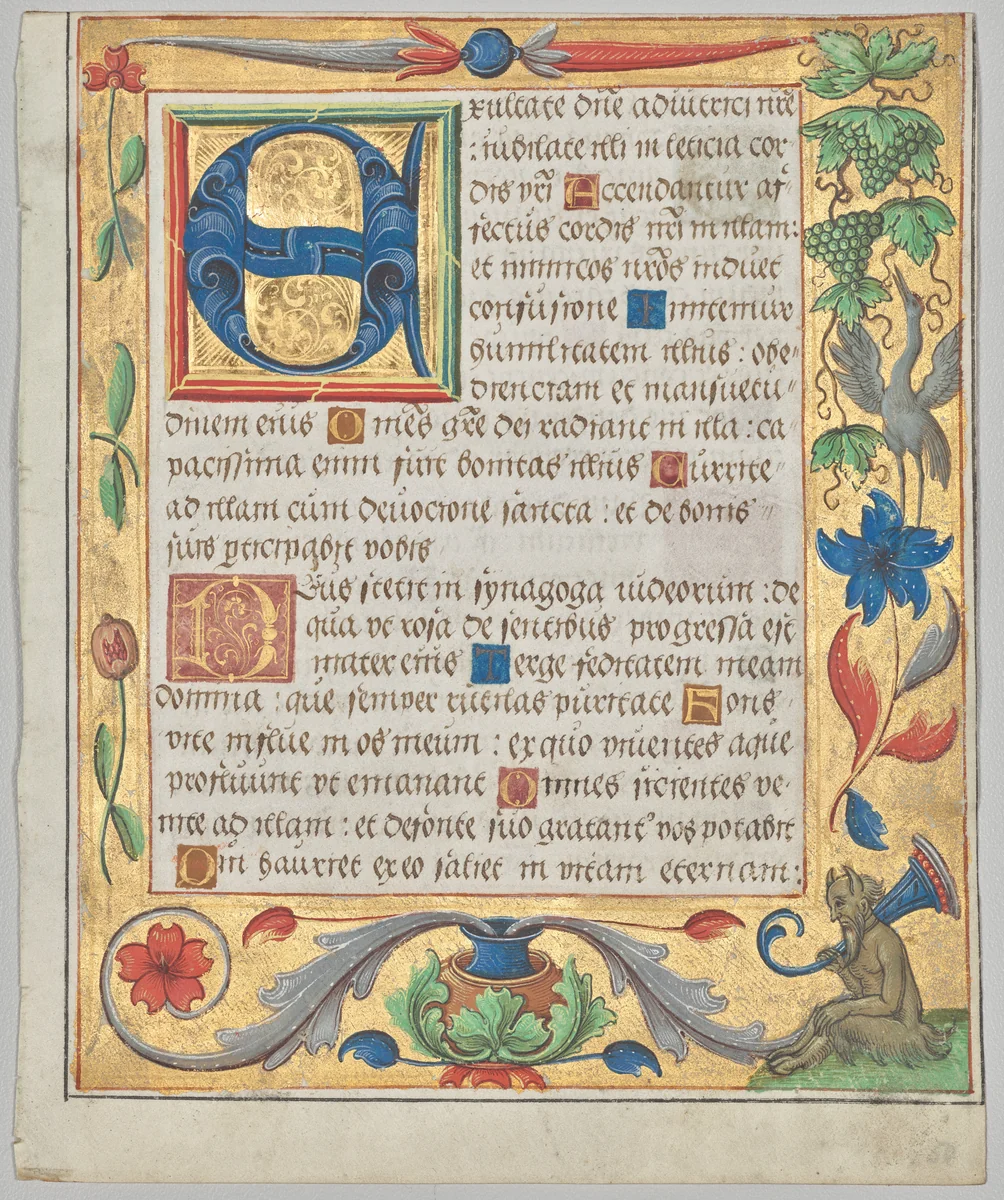 Leaf from a Psalter and Prayerbook: Initial E with Ornamental Border Containing a Seated Satyr and a Bird Eating Grapes (recto) by Unknown, manuscript, 1519-1529