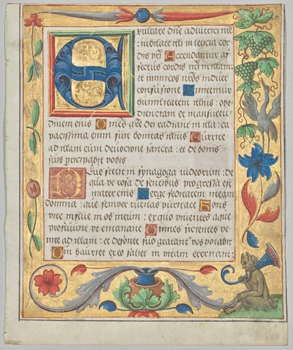 Leaf from a Psalter and Prayerbook: Initial E with Ornamental Border Containing a Seated Satyr and a Bird Eating Grapes (recto) by Unknown, manuscript, 1519-1529