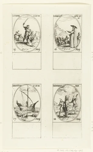 Heilige Dymphna van Geel, Heilige Peregrinus van Auxerre, Heilige Restitua van Napels, Heilige Dioscorus van Egypte (15-18 mei) by Jacques Callot, print, 1632-1636