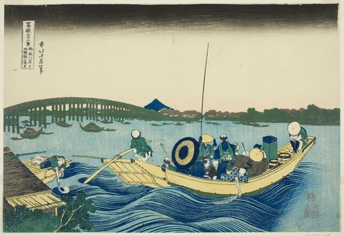 Viewing Sunset over the Ryogoku Bridge from the Onmaya Embankment (Onmayagashi yori Ryogokubashi sekiyo o miru), from the series "Thirty-six Views of Mount Fuji (Fugaku sanjurokkei)" by Katsushika Hokusai (葛飾 北斎), print, 1825-1838