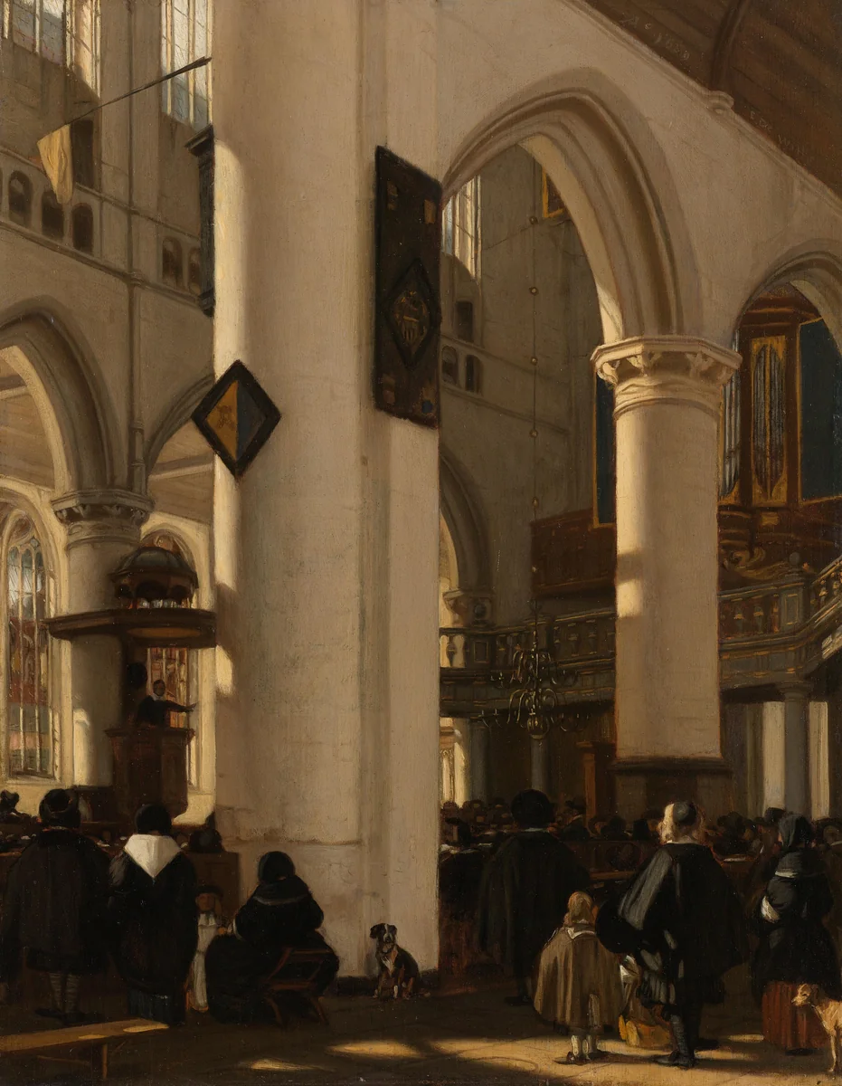 Interieur van een protestantse, gotische kerk tijdens een dienst by Emanuel de Witte, painting, 1669