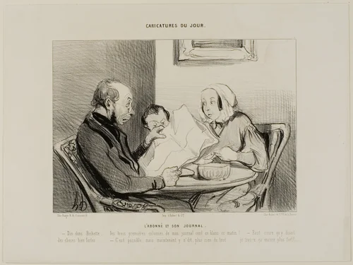 The Subscriber and His Newspaper. “- Listen darling, the first three columns of my morning paper are completely empty! It seems that they must have really said some nasty things. - May quite well be, but now that you mention it, to write nothing at all, I find that even more nasty!,” plate 2 from Caricatures Du Jour by Honoré-Victorin Daumier, print, 1842