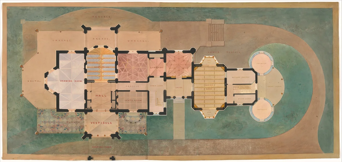 Lyndhurst for George Merritt, Tarrytown, New York (first floor plan) by Alexander Jackson Davis, drawing, 1865