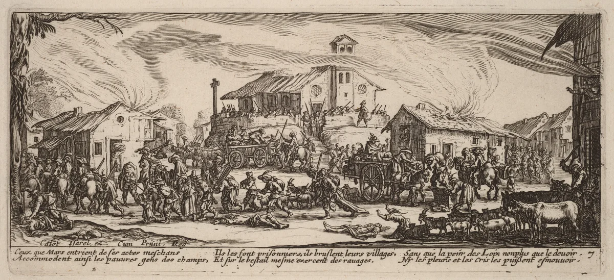 Plundering and Burning a Village by Gerrit van Schagen; Jacques Callot, print, 1637-1647