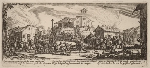 Plundering and Burning a Village by Gerrit van Schagen; Jacques Callot, print, 1637-1647