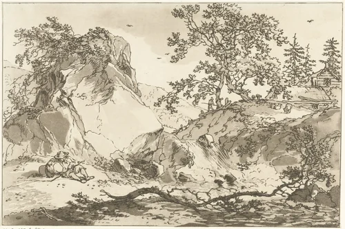 Heuvelachtig landschap met een rustende man by Hendrik Meijer, print, 1789-1793