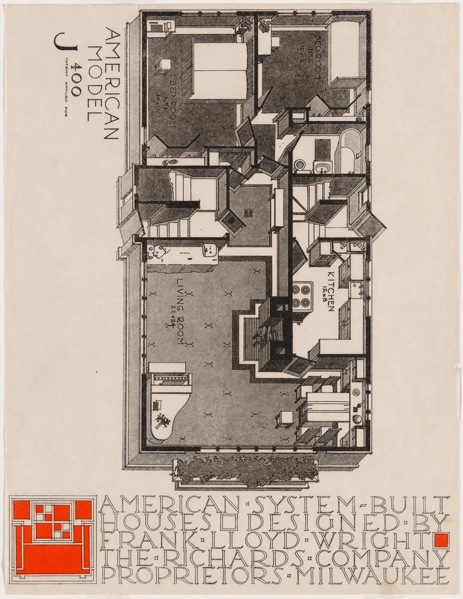 American System-Built Houses for The Richards Company, project, Milwaukee, Wisconsin, Isometric plan of model J400 by Frank Lloyd Wright, architecture, 1915