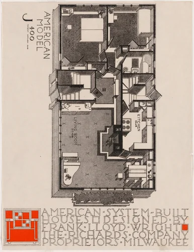 American System-Built Houses for The Richards Company, project, Milwaukee, Wisconsin, Isometric plan of model J400 by Frank Lloyd Wright, architecture, 1915