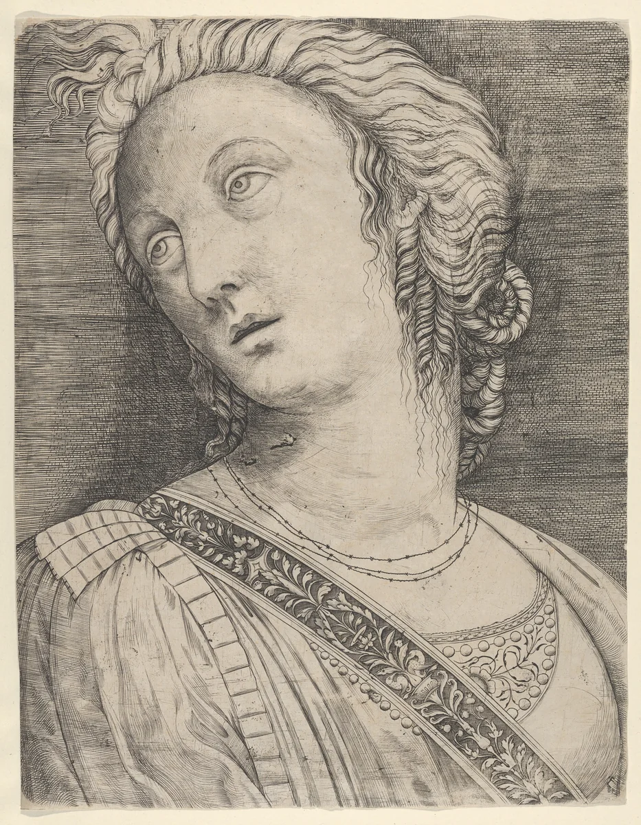 Bust of a woman with her head turned to the left by Jacopo de' Barbari, print, 1501-1511
