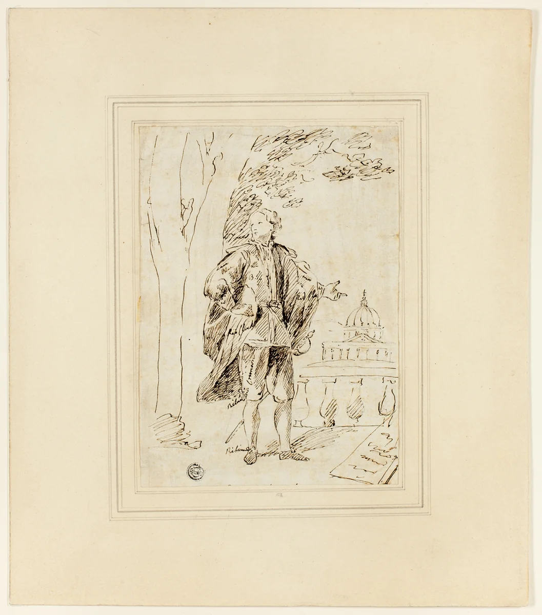 Full Length Portrait of a Man Standing near Balustrade by John Vanderbank, drawing, 1727-1739