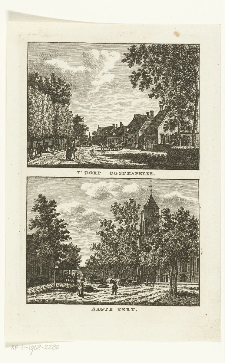 Twee dorpsgezichten te Oostkapelle en Aagtekerke by Carel Frederik Bendorp, print, 1786-1792