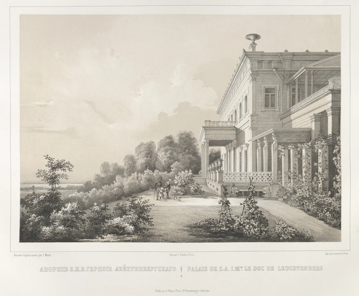 Palais de S.A.I.Mgr. Le Duc de Leuchtenberg, from "Vues pittoresques des palais & jardins impériaux aux environs de St. Petersbourg" by J. Meyer, print, 1845-1855