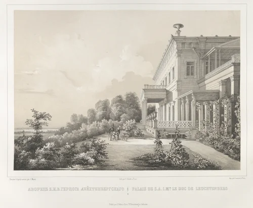 Palais de S.A.I.Mgr. Le Duc de Leuchtenberg, from "Vues pittoresques des palais & jardins impériaux aux environs de St. Petersbourg" by J. Meyer, print, 1845-1855
