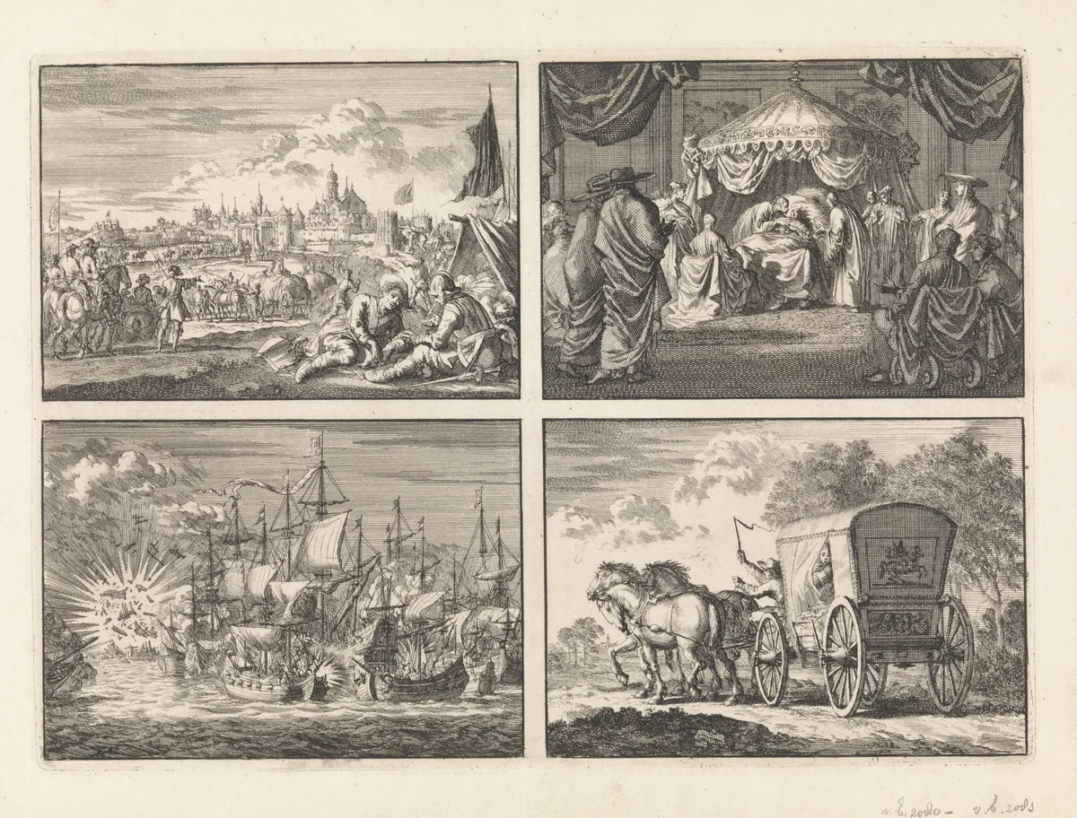 Belegering van een stad / Sterfbed van paus Alexander VII, 1667 / Strijd van vijf Zeeuwse kapers tegen acht Portugese oorlogsschepen voor de kust van Brazilië, 1657 / De in Den Haag door Johan Diederik de Mortaigne geschaakte Catharina van Orliens wordt per rijtuig naar Kuilenburg gebracht, 1664 by Jan Luyken, print, 1698