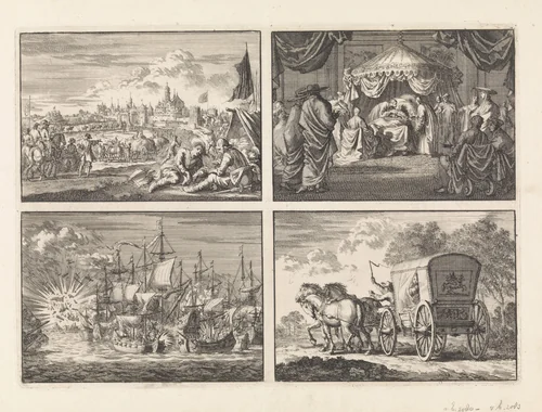 Belegering van een stad / Sterfbed van paus Alexander VII, 1667 / Strijd van vijf Zeeuwse kapers tegen acht Portugese oorlogsschepen voor de kust van Brazilië, 1657 / De in Den Haag door Johan Diederik de Mortaigne geschaakte Catharina van Orliens wordt per rijtuig naar Kuilenburg gebracht, 1664 by Jan Luyken, print, 1698
