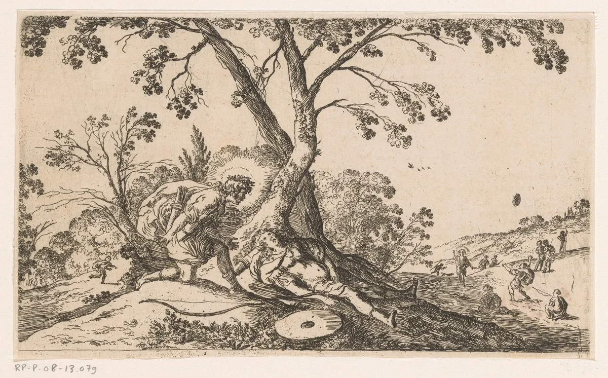 Apollo betreurt de dood van Hyacinthus by anonymous, print, 1639-1700