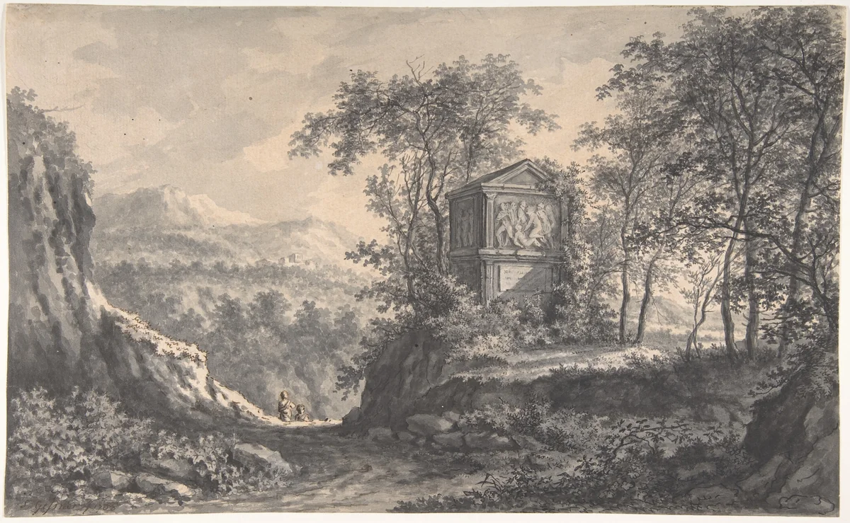 Landscape with an Antique Tomb and Two Wayfarers by Salomon Gessner, drawing, 1768