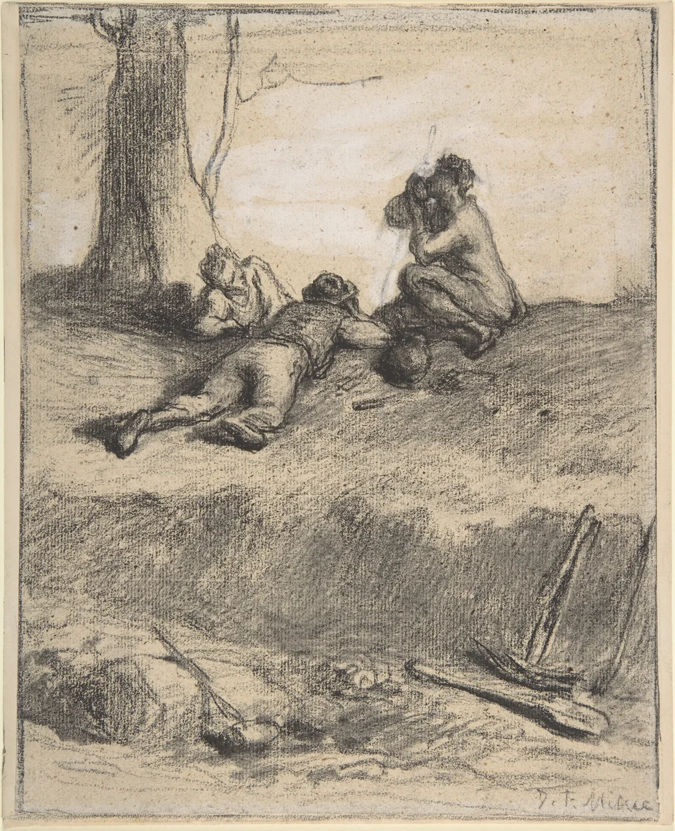 Roadworkers at Lunch by Jean-François Millet, drawing, 1845-1857