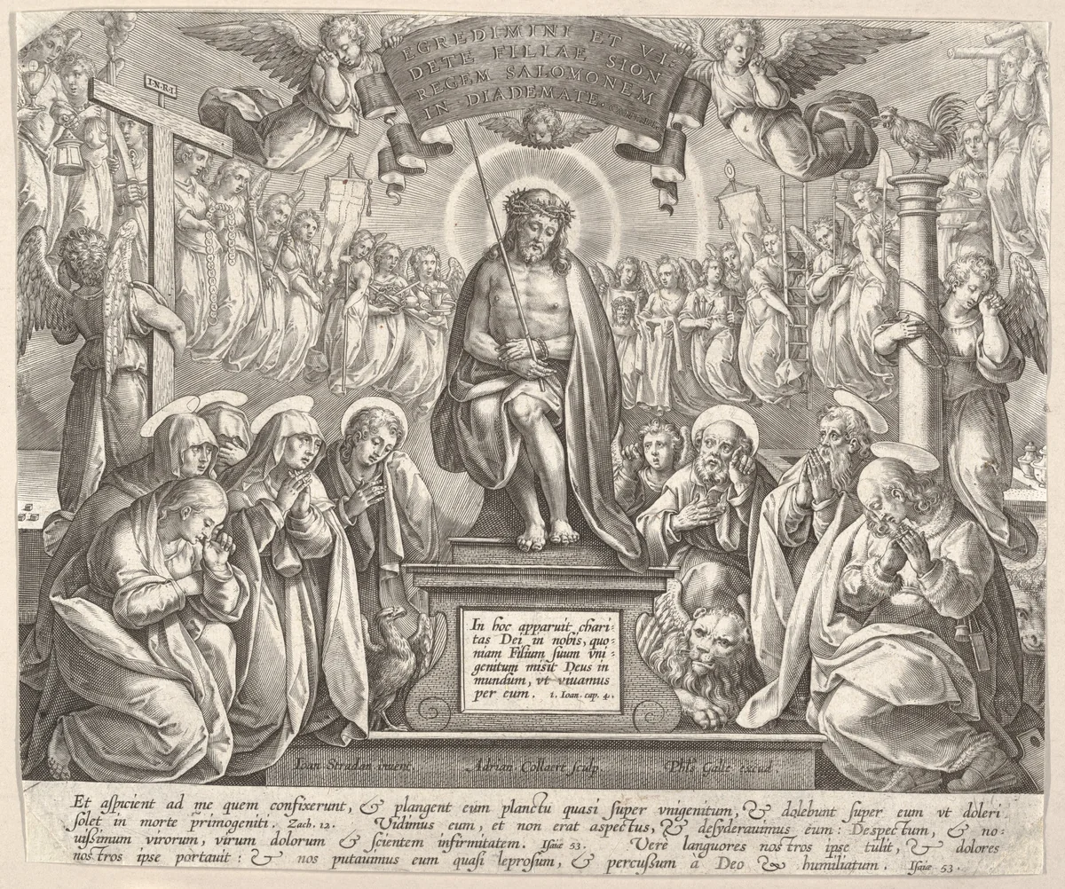 Man of Sorrows with the Three Marys and the Evangelists by Adriaen Collaert, print, 1555-1618