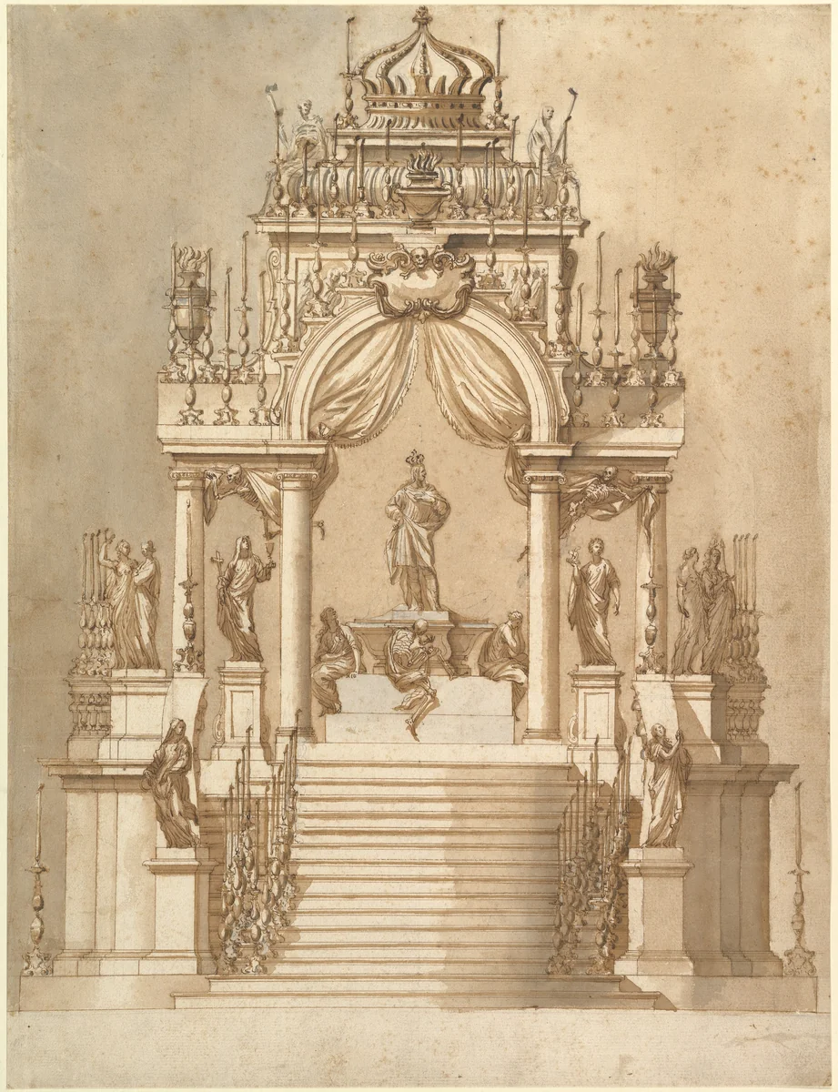 Design for a Catafalque for King Philip IV of Spain by anonymous, drawing, 1600-1699