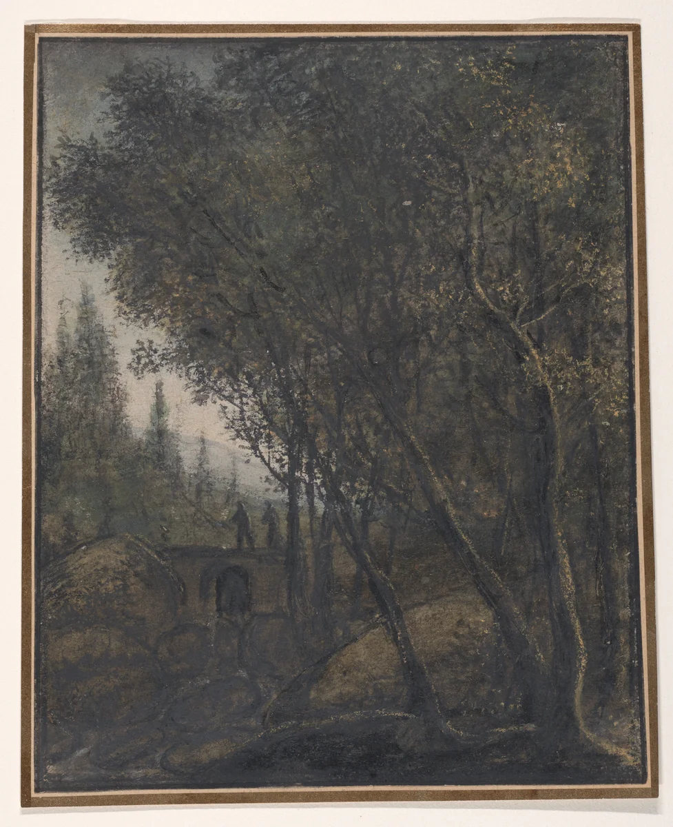 A Wooded Landscape with Travelers Crossing a Small Bridge over a River by Anthonie Waterloo, drawing, 1629-1690