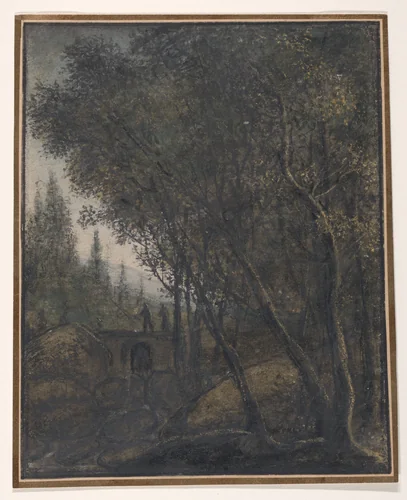 A Wooded Landscape with Travelers Crossing a Small Bridge over a River by Anthonie Waterloo, drawing, 1629-1690