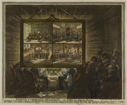 Exhibition of a Democratic Transparency, with its Effect Upon Patriotic Feelings by James Gillray, print, 1799