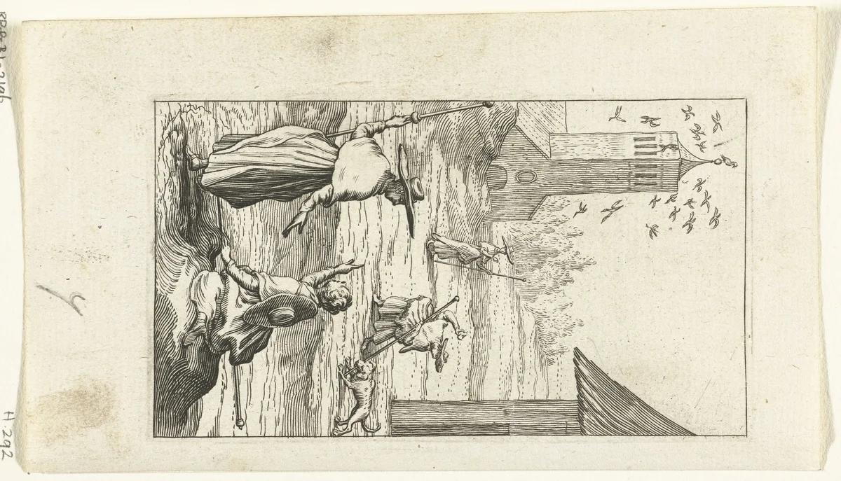 Duyfken en Willemynken bij kerktoren met vogels by Boëtius Adamsz. Bolswert, print, 1590-1627