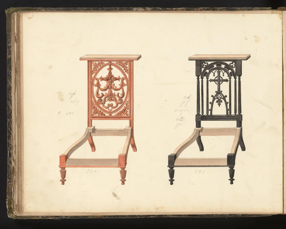 Twee ontwerpen voor prie-dieu's by anonymous, drawing, 1825-1839