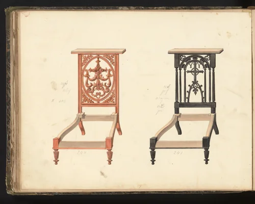 Twee ontwerpen voor prie-dieu's by anonymous, drawing, 1825-1839