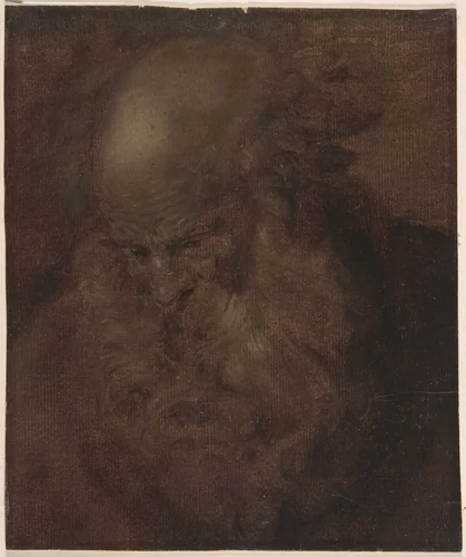 Head of a Bearded Old Man in Three-Quarter View Looking Down by anonymous, drawing, 1600-1700