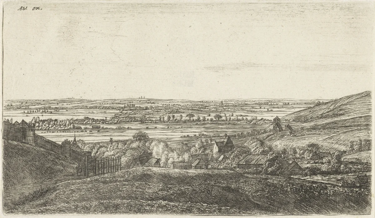 Dorp in vallei by Jan Ruyscher, print, 1630-1663