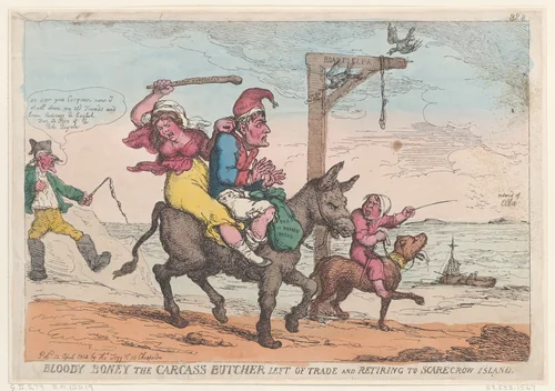 Bloody Boney the Carcass Butcher Left of Trade and Retiring to Scarecrow Island by Thomas Rowlandson, print, 1814
