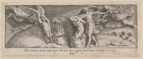 Plate 4: The Sacrifice of Abraham, from Genesis Chapter 22, after a lost fresco in the basamento of Bay 4 of the Vatican Loggia by Pietro Santi Bartoli, print, 1650-1677