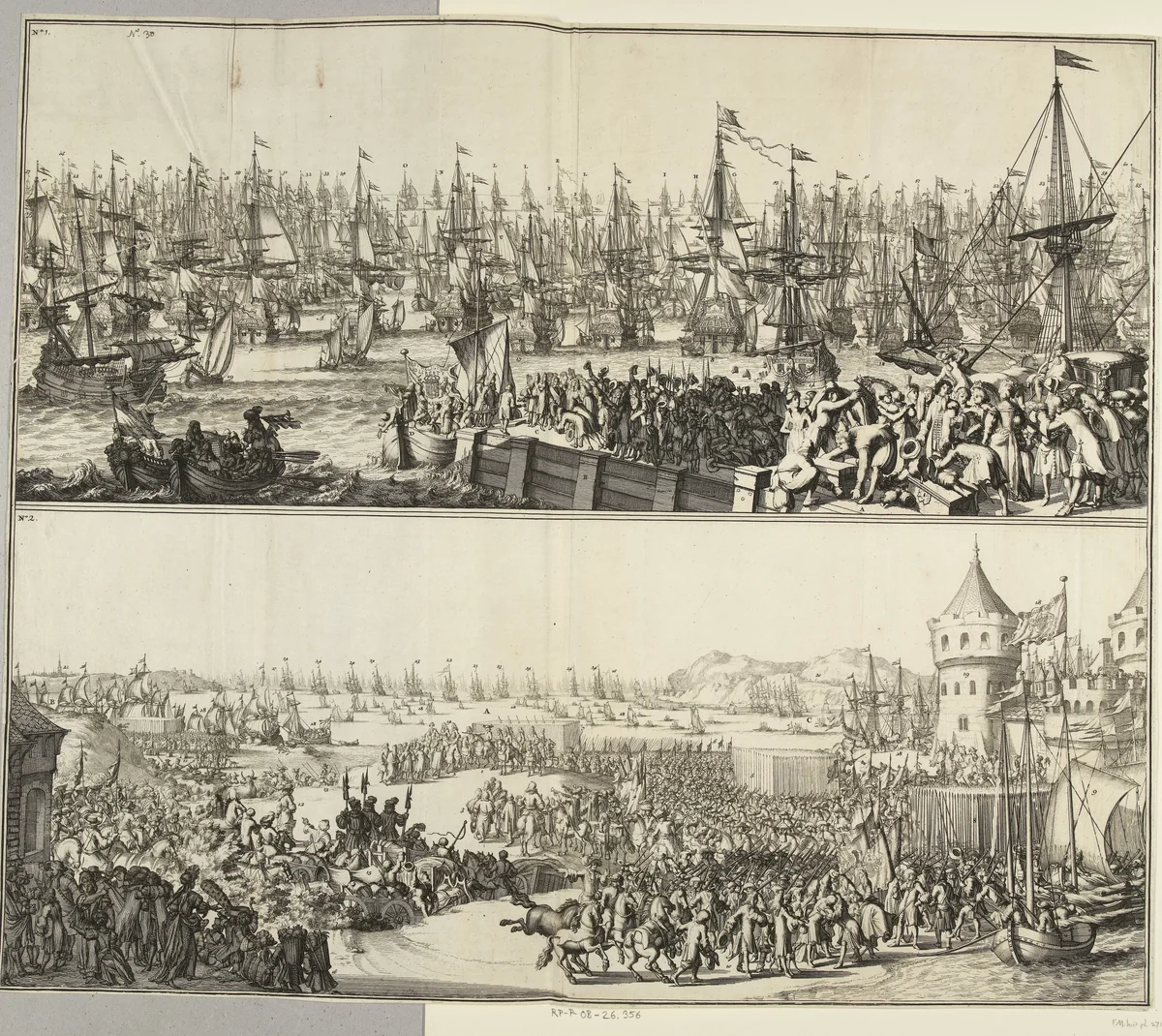 Vertrek van Willem III uit Hellevoetsluis en aankomst in Engeland, 1688 by Johannes Jacobsz van den Aveele, print, 1688-1690