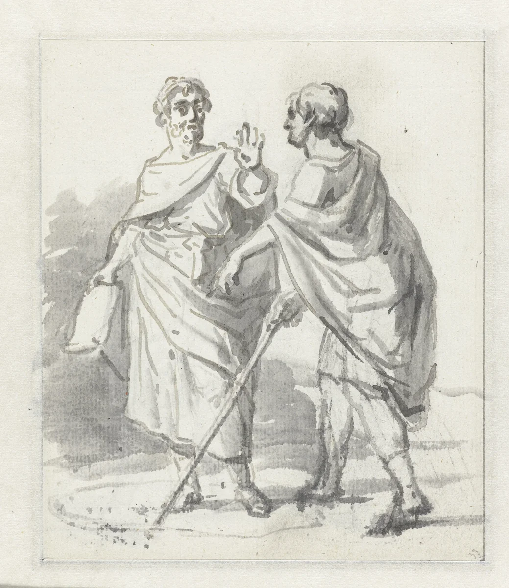 Laenas trekt een cirkel in het zand rond Antiochus IV Epiphanes by Jurriaan Andriessen, drawing, 1752-1819