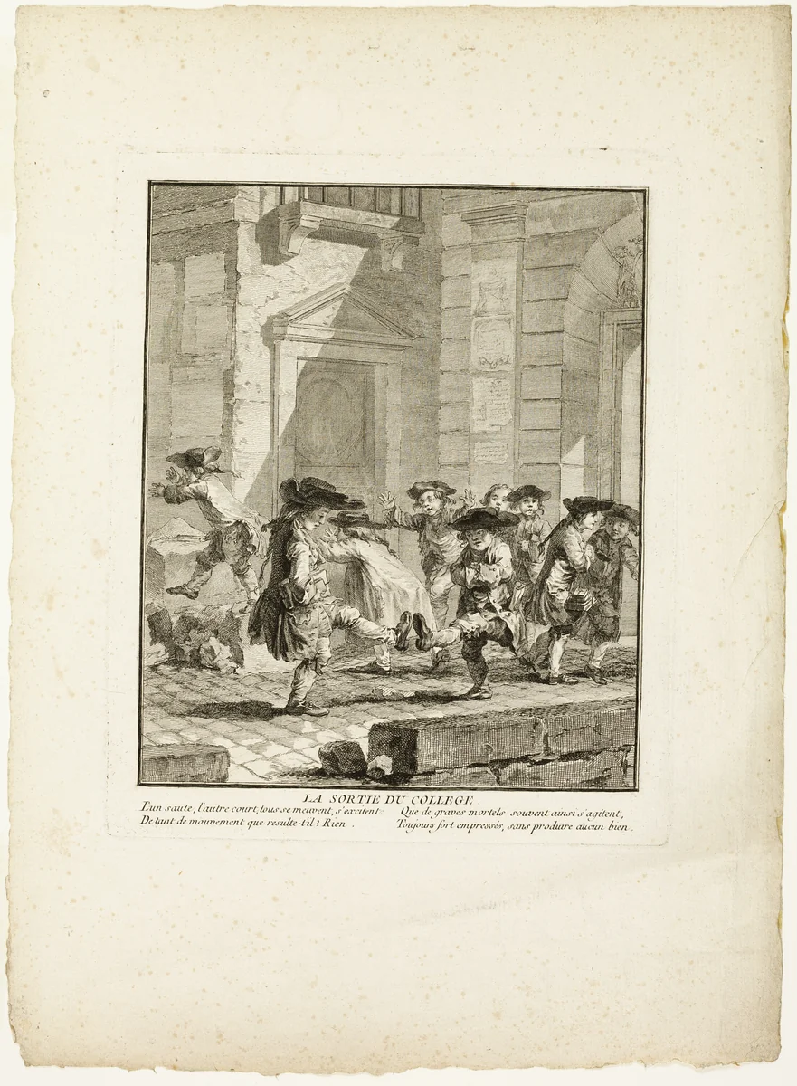 Release from College, from The Games of the Urchins of Paris by Jean-Baptiste Tilliard, print, 1770