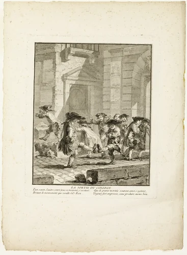Release from College, from The Games of the Urchins of Paris by Jean-Baptiste Tilliard, print, 1770